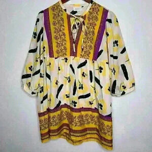 Melloday Boho Colorful Floral Tunic with tie neck Sz L